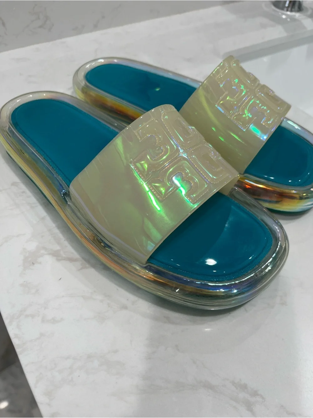 Clear Jelly Slide Sandals with Teal Footbed